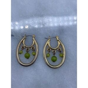 Hoop Earrings Gold Green Triple Bead Dangle Oval Latch Back Statement Earthy